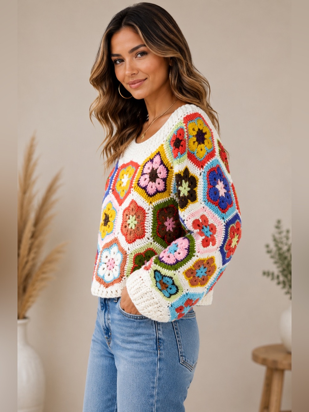 Boho Crochet Granny Square Floral Sweater – Ivory Multi - Picture 4 of 6